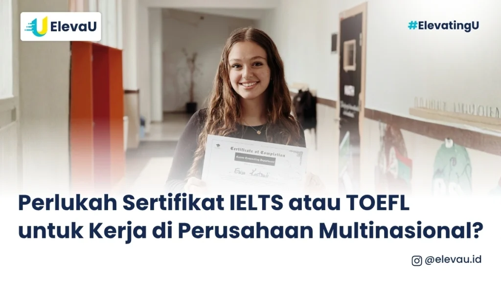 seorang wanita berpose membawa kertas sertifikat IELTS