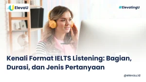Seorang wanita sedang memakai headphone mengikuti ujian IELTS Listening