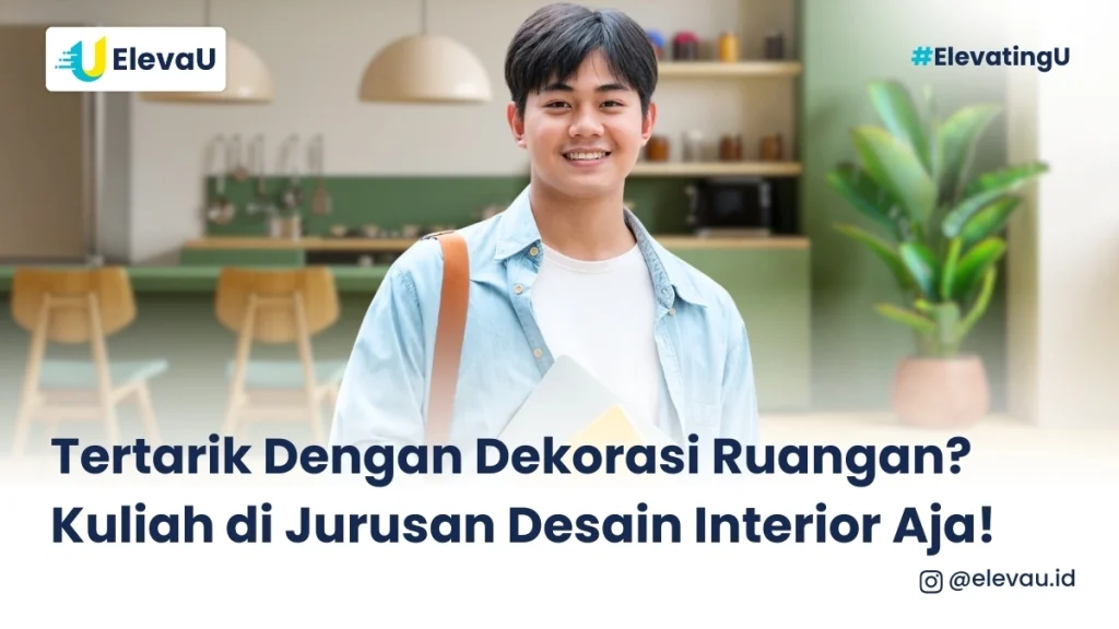 Seorang mahasiswa jurusan interior desain tersenyum dengan background ruangan yang ia design