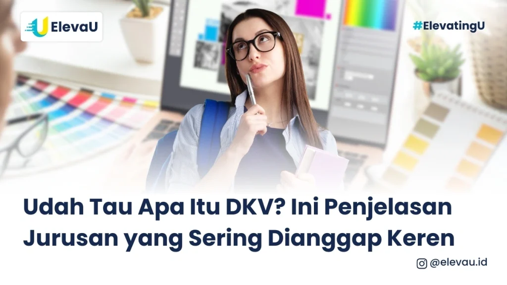 background laptop yang membuka software design, serta ekspresi kebingungan seorang mahasiswa DKV