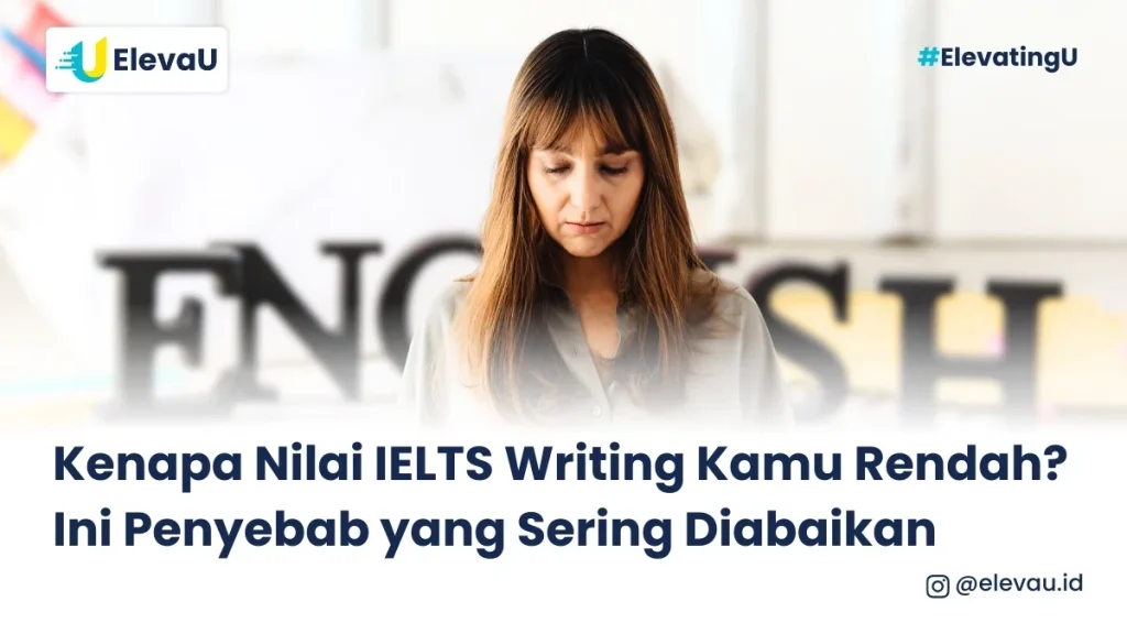 Seorang wanita duduk belajar writing ielts karena nilainya rendah