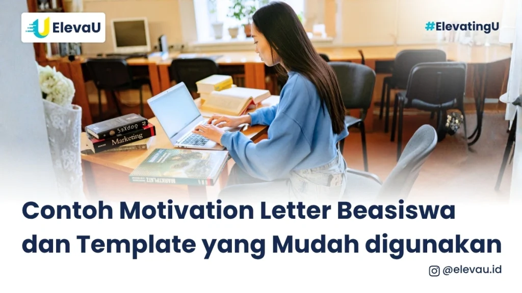 Seorang wanita sedang menulis motivation letter beasiswa menggunakan template yang mudah digunakan